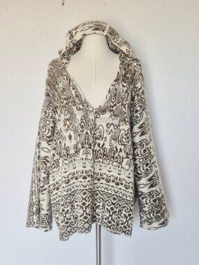 Free People Raggy Wool Blend Hooded Oversize Relaxed Sweater V-Neck Olive Beige